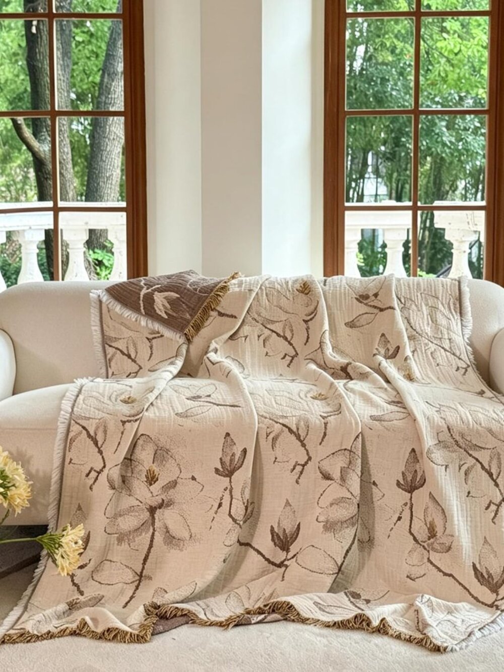 Muslin Cotton Throw Blanket Boho Floral Jacquard with Fringe, 90 * 90 Magnolia P